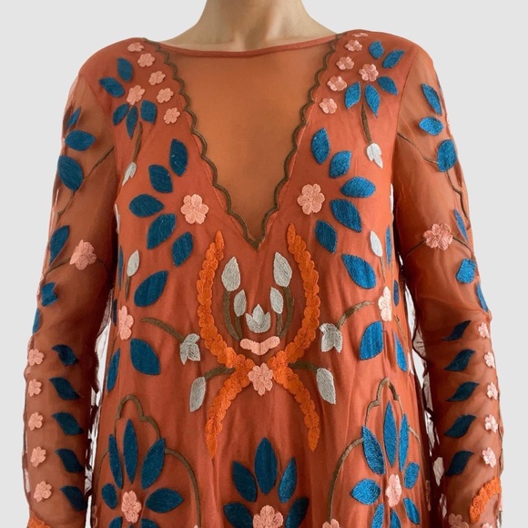 Free People | Tan bronze floral embroidered mini dress | Size S | NWT - Picture 3 of 8